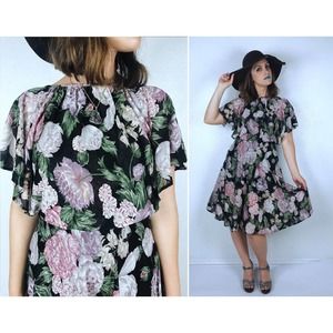 vintage 70s Sheer Black FLORAL PRINT Bloused Boho DRESS Small muted tones flowy